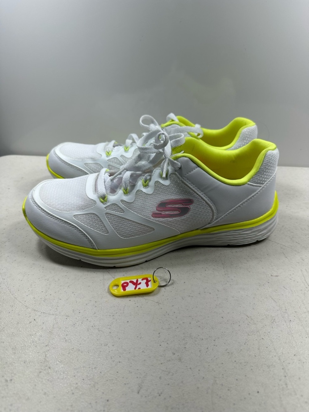 Skechers White Sneakers with Neon Yellow Lining and Pink Logo size 10